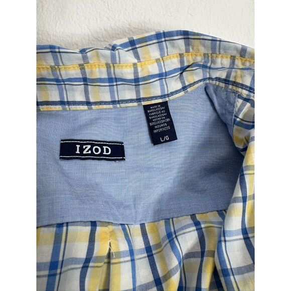 IZOD Shirt Men's Size LG Blue Yellow White Plaid Button Down Short Sleeve Pocket - Picture 11 of 11